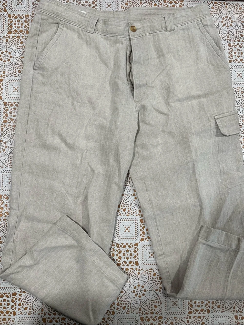 Perry Ellis 100% Linen Cargo Pants Men’s 38x30 Beige Straight Leg Lightweight